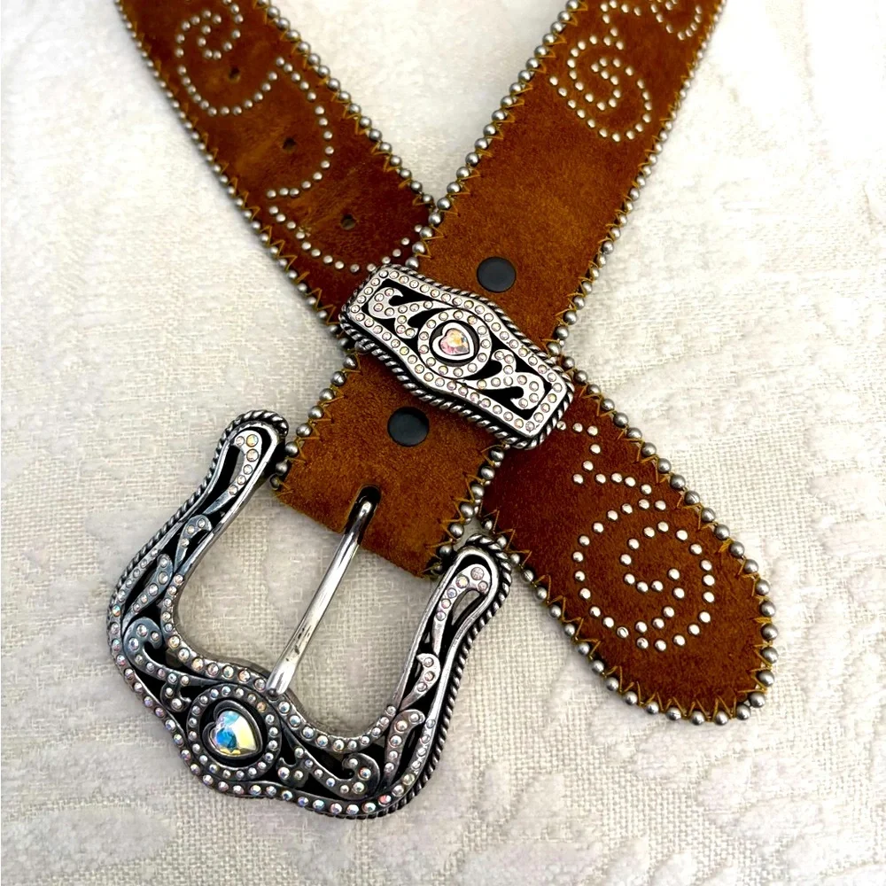 Tony Lama Brown Suede Belt 34 Crystal Heart Buckle Studded Western Cowgirl Y2K